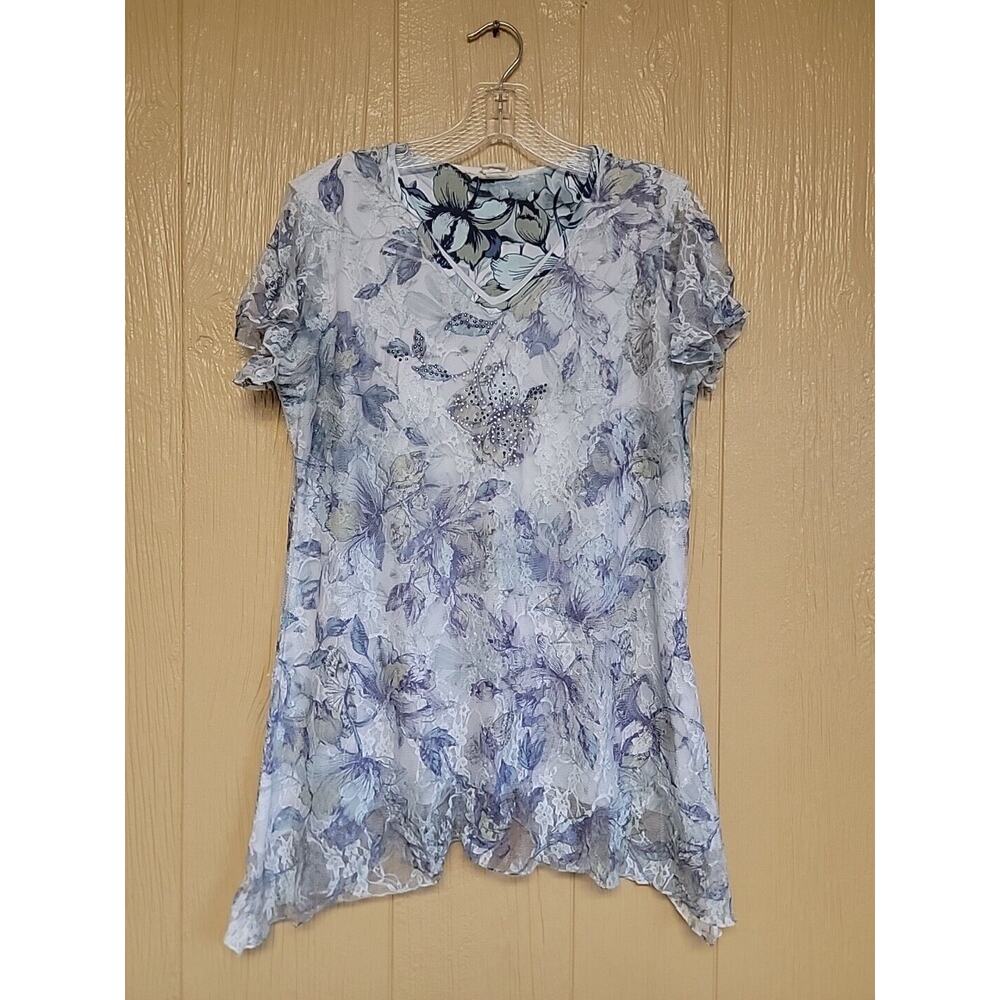Brittany Black Womens Top Layered Floral Lace Rhinestones Blue Multicolor sz L
